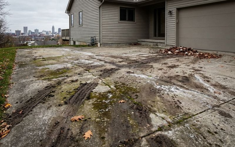 Dirty weathered concrete driveway showing years of accumulated grime