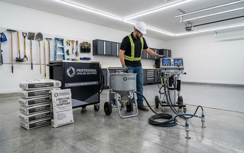 Garage floor leveling process with limestone slurry injection equipment