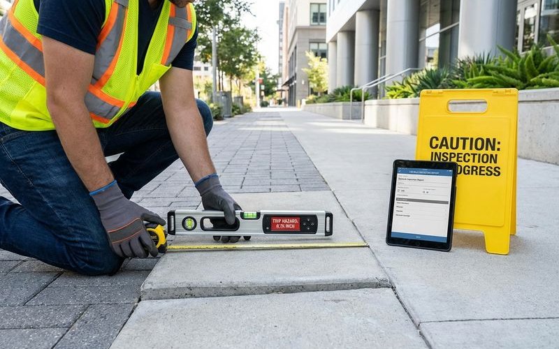 Professional measuring sidewalk trip hazard for leveling repair