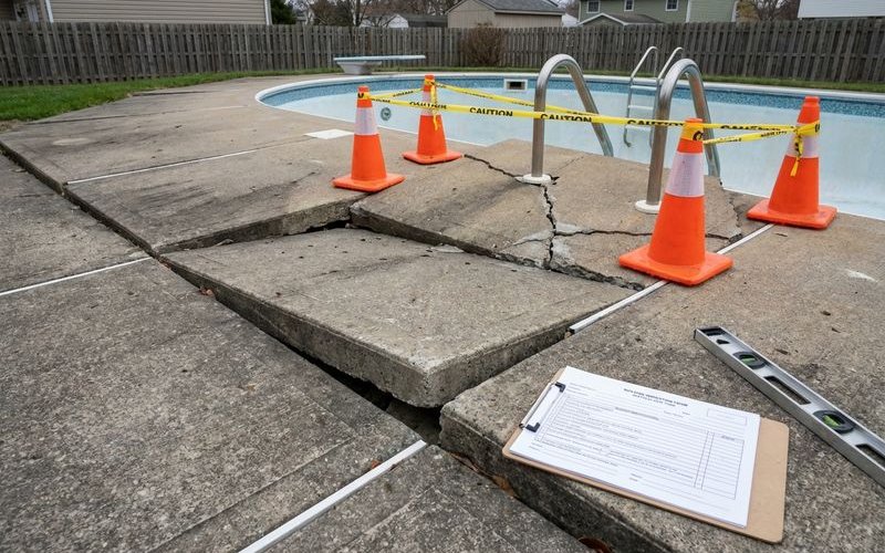 Pool deck settling around swimming pool requiring leveling repair
