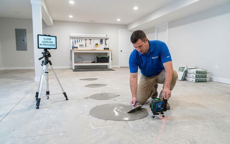 Settling basement floor with visible low spots requiring leveling repair