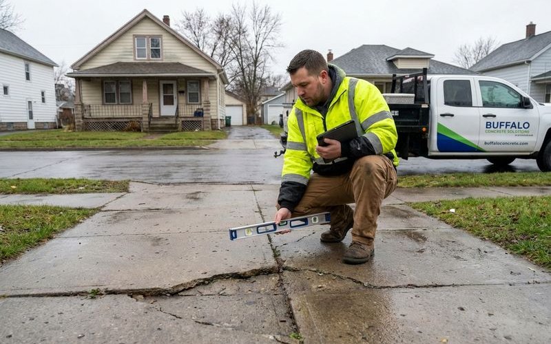 Technician inspecting sunken driveway concrete for leveling repair service