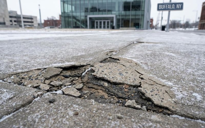 Weathered unsealed concrete showing freeze thaw damage in Buffalo NY